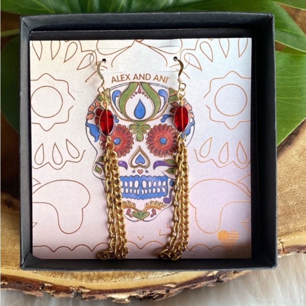Alex and Ani Gold Chain Drop Earrings with Red Gemdrops